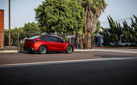 2026 Satin Red Tesla Model Y Juniper on 20 Inch UP Forged UP-RW Road Warrior Wheels