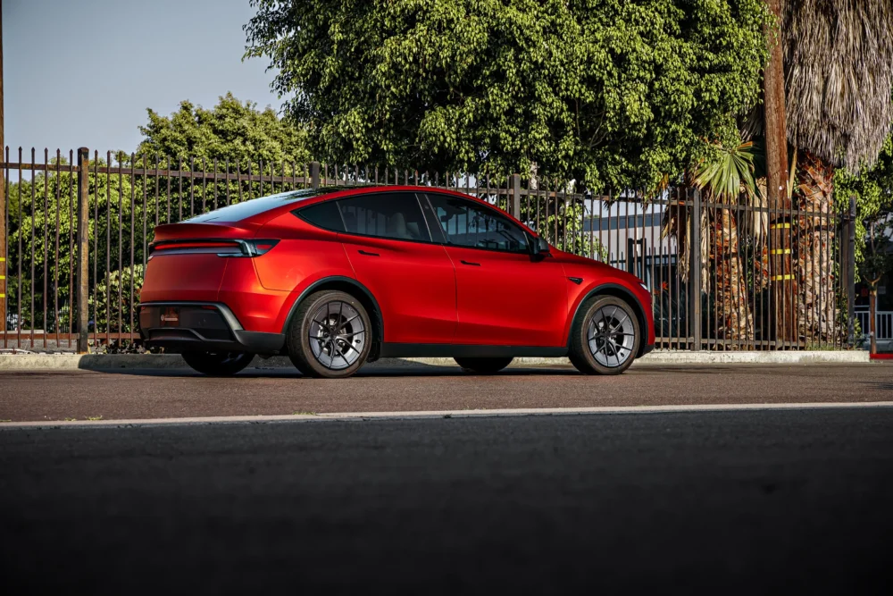 2026 Satin Red Tesla Model Y Juniper on 20 Inch UP Forged UP-RW Road Warrior Wheels