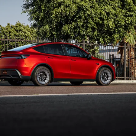 2026 Satin Red Tesla Model Y Juniper on 20 Inch UP Forged UP-RW Road Warrior Wheels
