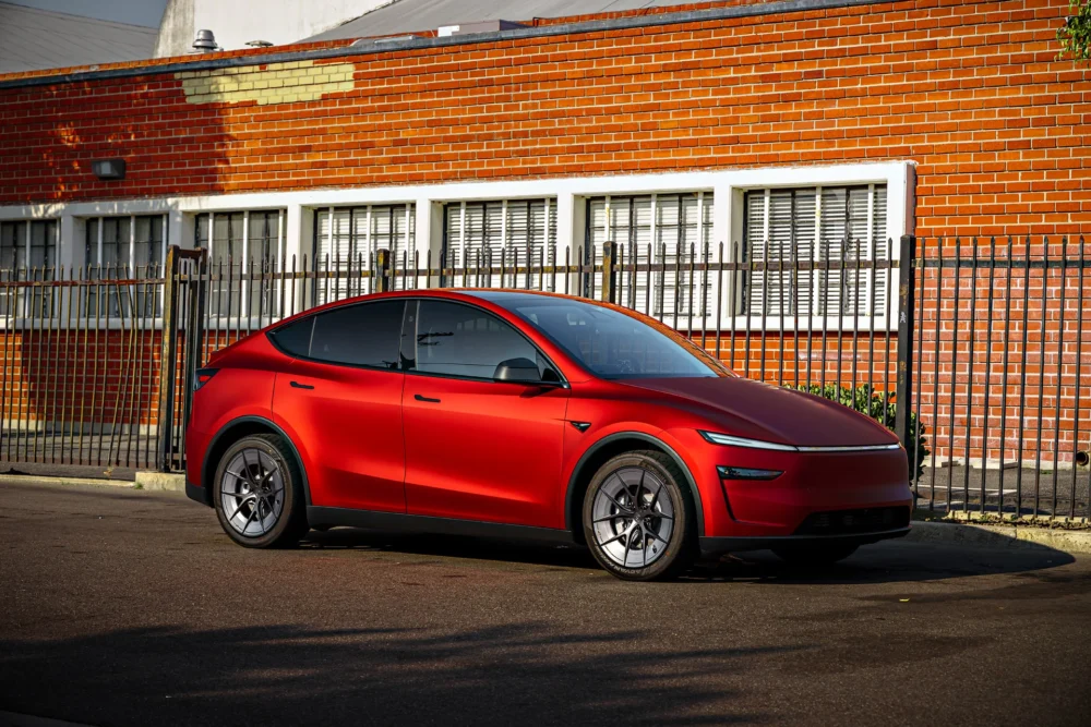 2026 Satin Red Tesla Model Y Juniper on 20 Inch UP Forged UP-RW Road Warrior Wheels