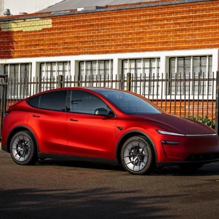 2026 Satin Red Tesla Model Y Juniper on 20 Inch UP Forged UP-RW Road Warrior Wheels