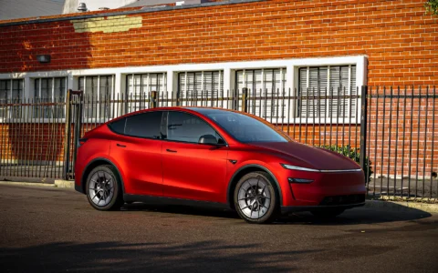 2026 Satin Red Tesla Model Y Juniper on 20 Inch UP Forged UP-RW Road Warrior Wheels