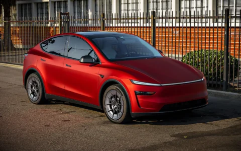 2026 Satin Red Tesla Model Y Juniper on 20 Inch UP Forged UP-RW Road Warrior Wheels