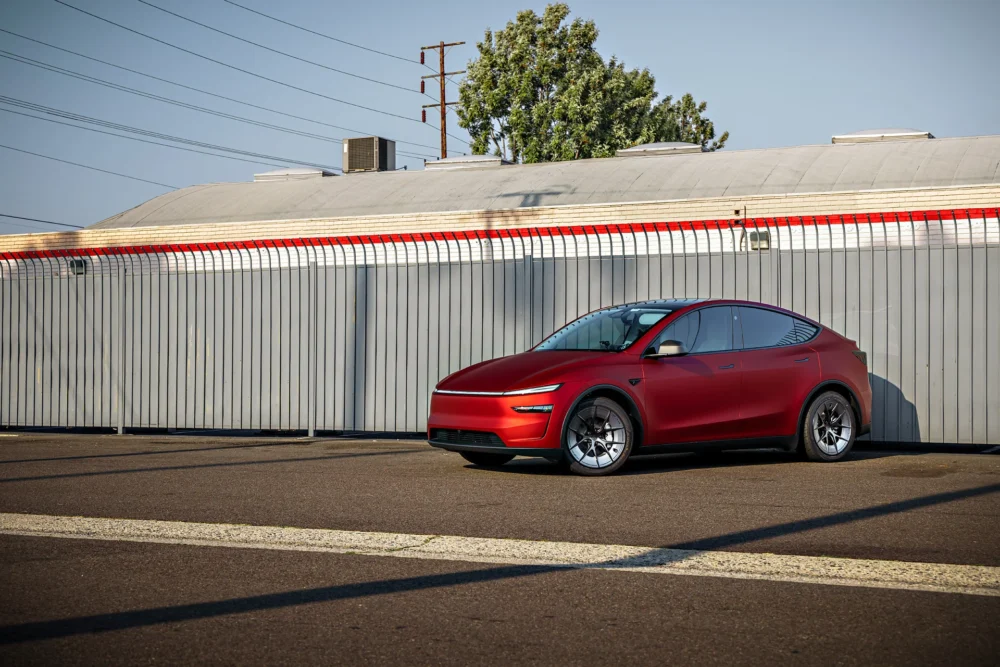 2026 Satin Red Tesla Model Y Juniper on 20 Inch UP Forged UP-RW Road Warrior Wheels