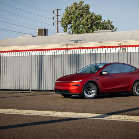 2026 Satin Red Tesla Model Y Juniper on 20 Inch UP Forged UP-RW Road Warrior Wheels