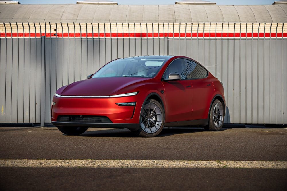 2026 Satin Red Tesla Model Y Juniper on 20 Inch UP Forged UP-RW Road Warrior Wheels