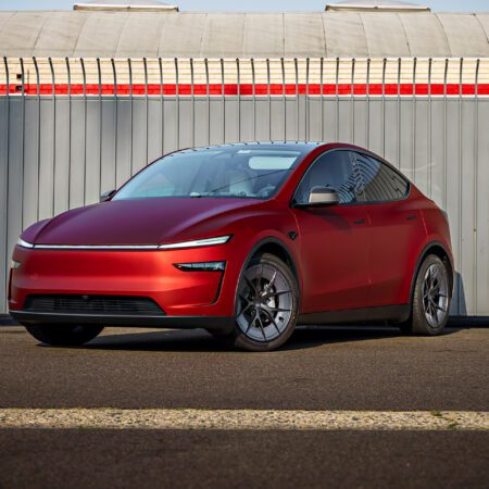 2026 Satin Red Tesla Model Y Juniper on 20 Inch UP Forged UP-RW Road Warrior Wheels