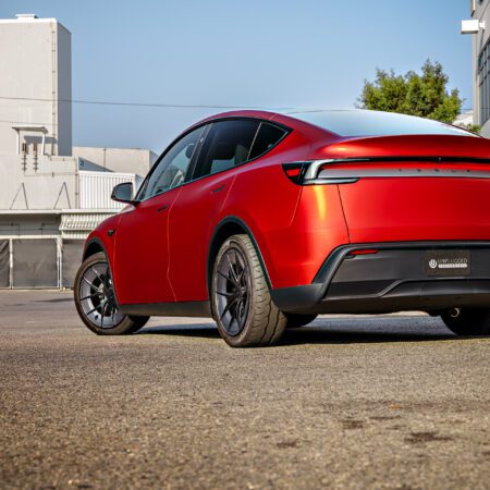 2026 Satin Red Tesla Model Y Juniper on 20 Inch UP Forged UP-RW Road Warrior Wheels
