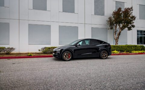 Black 2026 Tesla Model Y Juniper with Big Brake Kit on UP Forged UP-05 in Satin Bronze