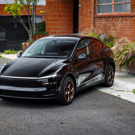 Black 2026 Tesla Model Y Juniper with Big Brake Kit on UP Forged UP-05 in Satin Bronze