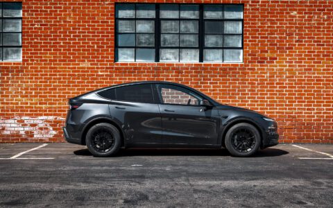 Stealth Gray Tesla Model Y Juniper on UP Forged Off-Road Spec UP-03 in Satin Black