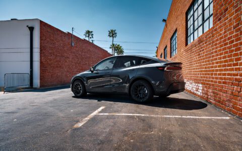 Stealth Gray Tesla Model Y Juniper on UP Forged Off-Road Spec UP-03 in Satin Black