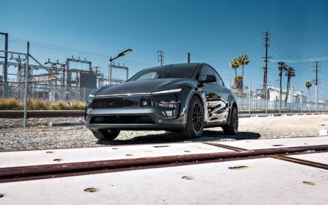 Stealth Gray Tesla Model Y Juniper on UP Forged Off-Road Spec UP-03 in Satin Black