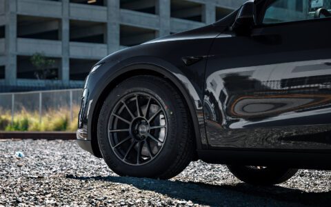 Stealth Gray Tesla Model Y Juniper on UP Forged Off-Road Spec UP-03 in Satin Black