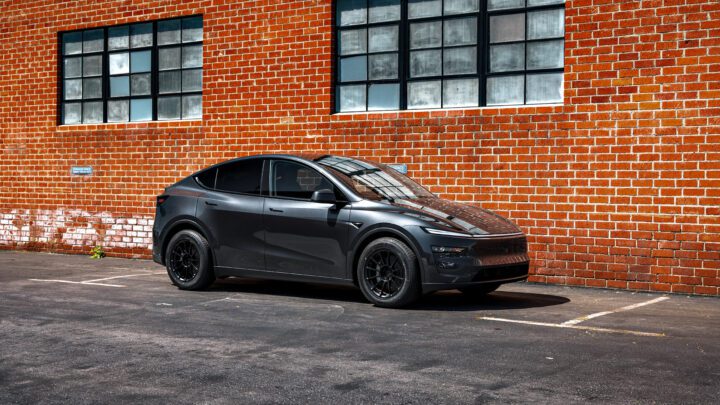 Stealth Gray Tesla Model Y Juniper on UP Forged Off-Road Spec UP-03 in Satin Black