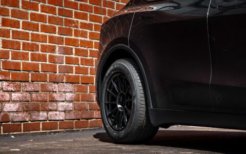 Stealth Gray Tesla Model Y Juniper on UP Forged Off-Road Spec UP-03 in Satin Black