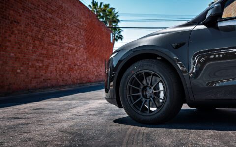 Stealth Gray Tesla Model Y Juniper on UP Forged Off-Road Spec UP-03 in Satin Black