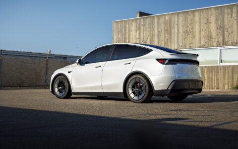 White Lowered Tesla Model Y Juniper on UP Forged UP-RW Road Warrior Wheels