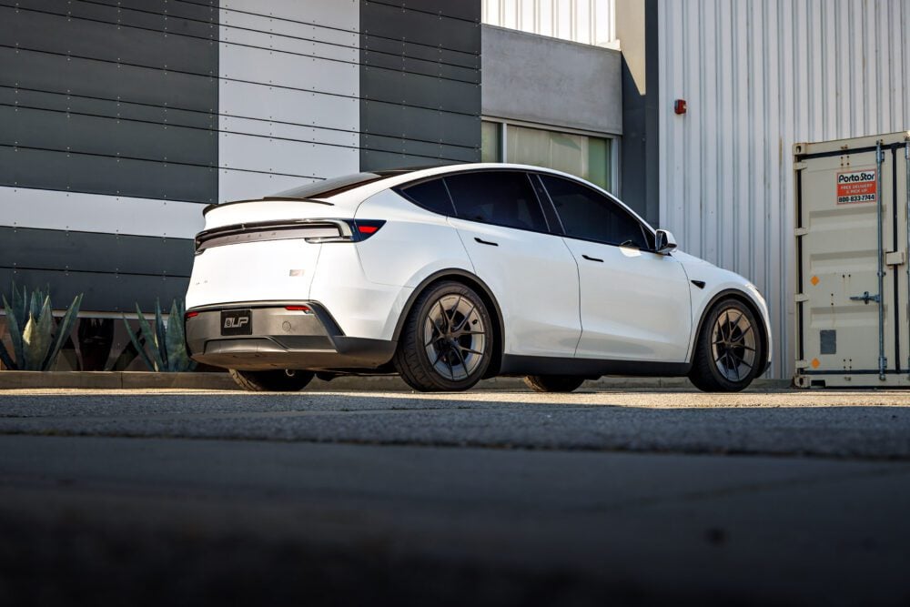 White Lowered Tesla Model Y Juniper on UP Forged UP-RW Road Warrior Wheels