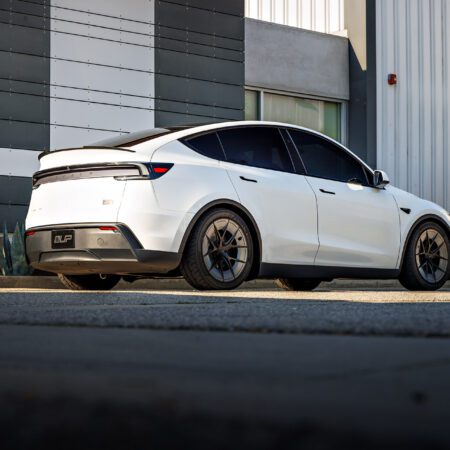 White Lowered Tesla Model Y Juniper on UP Forged UP-RW Road Warrior Wheels