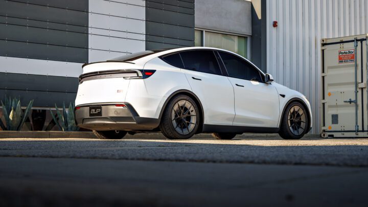 White Lowered Tesla Model Y Juniper on UP Forged UP-RW Road Warrior Wheels