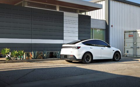White Lowered Tesla Model Y Juniper on UP Forged UP-RW Road Warrior Wheels