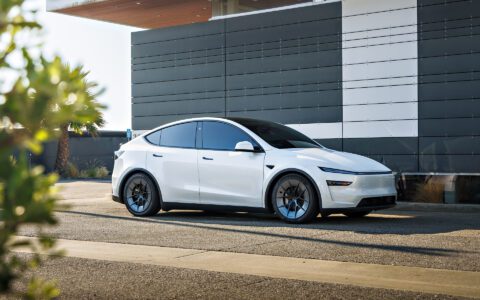 White Lowered Tesla Model Y Juniper on UP Forged UP-RW Road Warrior Wheels