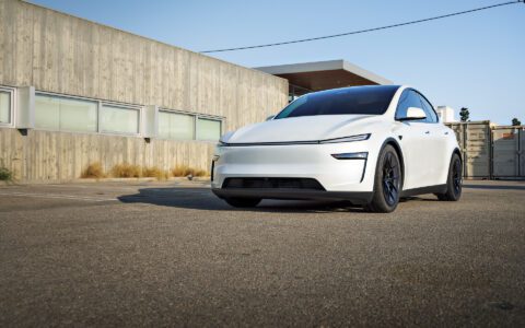 White Lowered Tesla Model Y Juniper on UP Forged UP-RW Road Warrior Wheels