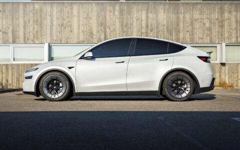 White Lowered Tesla Model Y Juniper on UP Forged UP-RW Road Warrior Wheels