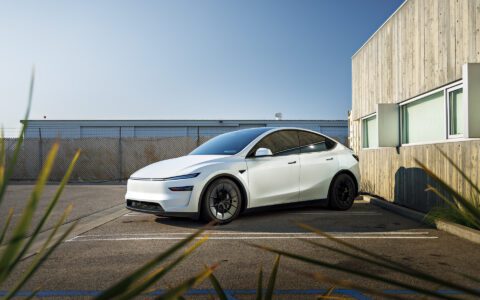 White Lowered Tesla Model Y Juniper on UP Forged UP-RW Road Warrior Wheels