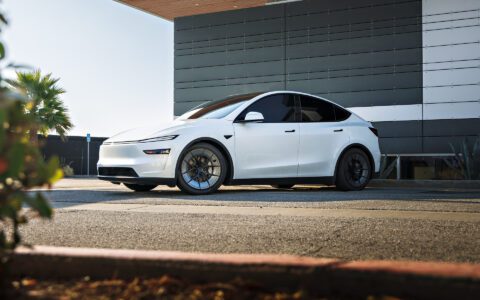 White Lowered Tesla Model Y Juniper on UP Forged UP-RW Road Warrior Wheels