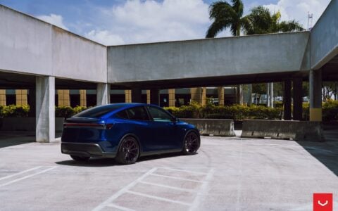 Vossen HFX-2 on the Tesla Model Y: Staggered 22s Fix the Best-Seller's Biggest Problem 16 Marine Blue Tesla Model Y Juniper on Vossen HFX-2 Wheels in Satin Black