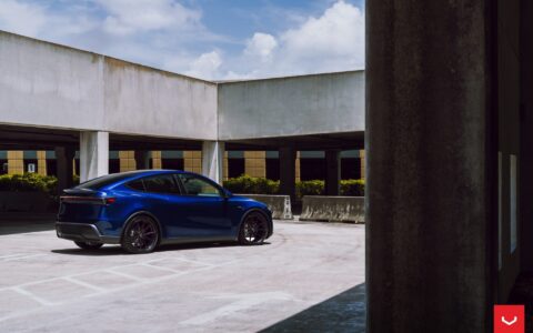 Vossen HFX-2 on the Tesla Model Y: Staggered 22s Fix the Best-Seller's Biggest Problem 17 Marine Blue Tesla Model Y Juniper on Vossen HFX-2 Wheels in Satin Black
