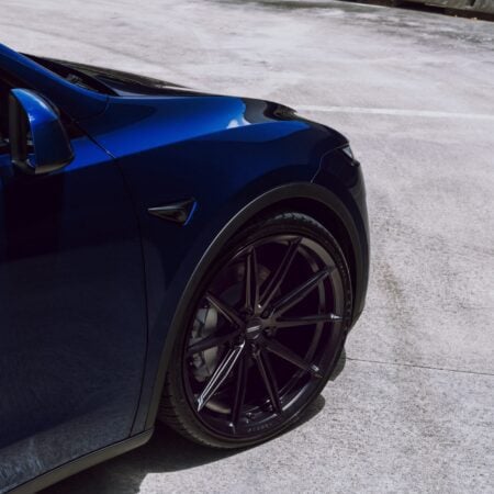 Marine Blue Tesla Model Y Juniper on Vossen HFX-2 Wheels in Satin Black