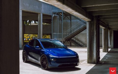 Vossen HFX-2 on the Tesla Model Y: Staggered 22s Fix the Best-Seller's Biggest Problem 14 Marine Blue Tesla Model Y Juniper on Vossen HFX-2 Wheels in Satin Black
