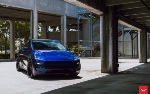 Vossen HFX-2 on the Tesla Model Y: Staggered 22s Fix the Best-Seller's Biggest Problem 19 Marine Blue Tesla Model Y Juniper on Vossen HFX-2 Wheels in Satin Black
