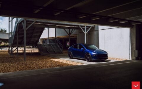 Vossen HFX-2 on the Tesla Model Y: Staggered 22s Fix the Best-Seller's Biggest Problem 6 Marine Blue Tesla Model Y Juniper on Vossen HFX-2 Wheels in Satin Black
