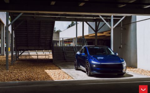 Vossen HFX-2 on the Tesla Model Y: Staggered 22s Fix the Best-Seller's Biggest Problem 7 Marine Blue Tesla Model Y Juniper on Vossen HFX-2 Wheels in Satin Black