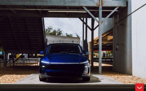 Vossen HFX-2 on the Tesla Model Y: Staggered 22s Fix the Best-Seller's Biggest Problem 8 Marine Blue Tesla Model Y Juniper on Vossen HFX-2 Wheels in Satin Black