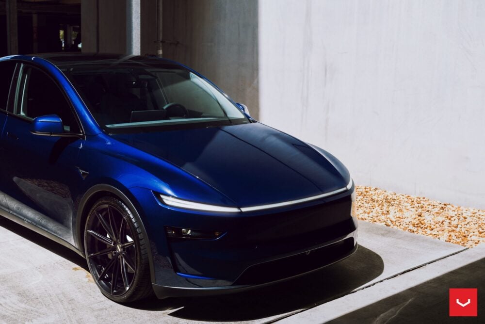 Vossen HFX-2 on the Tesla Model Y: Staggered 22s Fix the Best-Seller's Biggest Problem 5 Deep Blue Metallic Tesla Model Y Juniper on Vossen HFX-2 Wheels in Satin Black