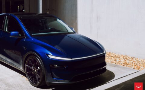 Vossen HFX-2 on the Tesla Model Y: Staggered 22s Fix the Best-Seller's Biggest Problem 9 Marine Blue Tesla Model Y Juniper on Vossen HFX-2 Wheels in Satin Black