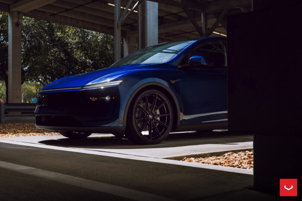 Deep Blue Metallic Tesla Model Y Juniper on Vossen HFX-2 Wheels in Satin Black