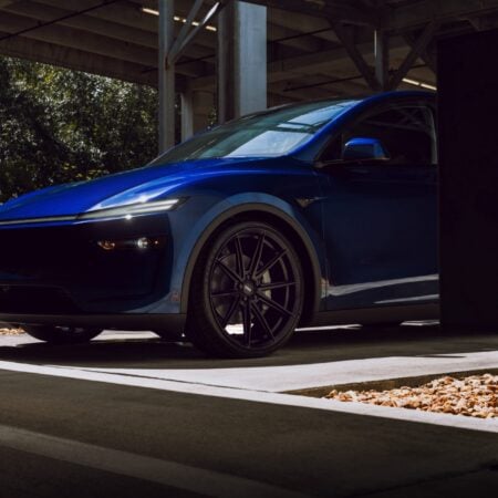 Marine Blue Tesla Model Y Juniper on Vossen HFX-2 Wheels in Satin Black