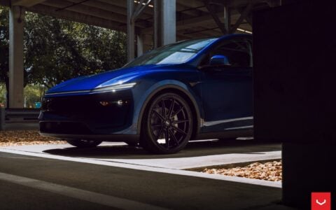Vossen HFX-2 on the Tesla Model Y: Staggered 22s Fix the Best-Seller's Biggest Problem 10 Marine Blue Tesla Model Y Juniper on Vossen HFX-2 Wheels in Satin Black