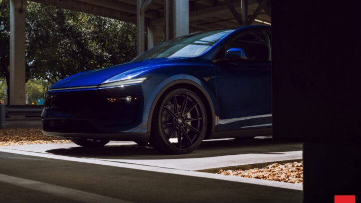Deep Blue Metallic Tesla Model Y Juniper on Vossen HFX-2 Wheels in Satin Black