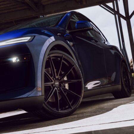 Marine Blue Tesla Model Y Juniper on Vossen HFX-2 Wheels in Satin Black
