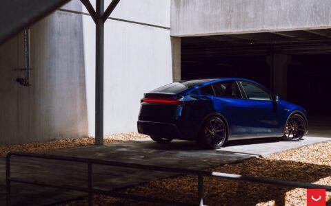 Vossen HFX-2 on the Tesla Model Y: Staggered 22s Fix the Best-Seller's Biggest Problem 15 Marine Blue Tesla Model Y Juniper on Vossen HFX-2 Wheels in Satin Black