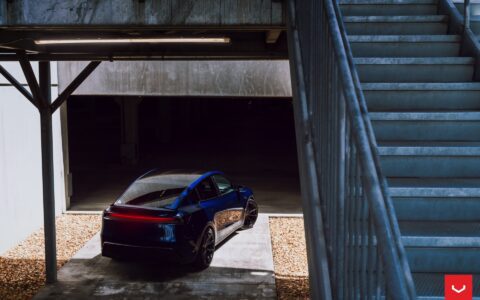Vossen HFX-2 on the Tesla Model Y: Staggered 22s Fix the Best-Seller's Biggest Problem 12 Marine Blue Tesla Model Y Juniper on Vossen HFX-2 Wheels in Satin Black